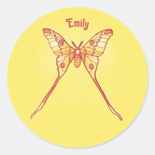 Gelbe Orange Butterfly Luna Moth Girl Name Runder Aufkleber