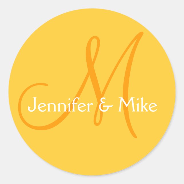 Gelbe Orange Monogram-Namen Hochzeitsticker Runder Aufkleber (Vorderseite)