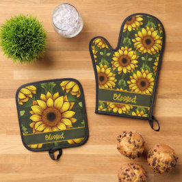 Gelbe Orangenblüte mit Grün und Braun Ofenhandschuh & Topflappen-Set
