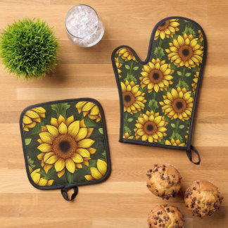 Gelbe Orangenblüte mit Grün und Braun Ofenhandschuh & Topflappen-Set