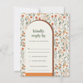 Gelbe Orangenrost Groovy Retro Arch Flora Hochzeit RSVP Karte