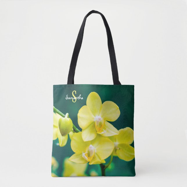 Gelbe Orchidee auf grüner Tragetasche Tasche (Vorderseite)