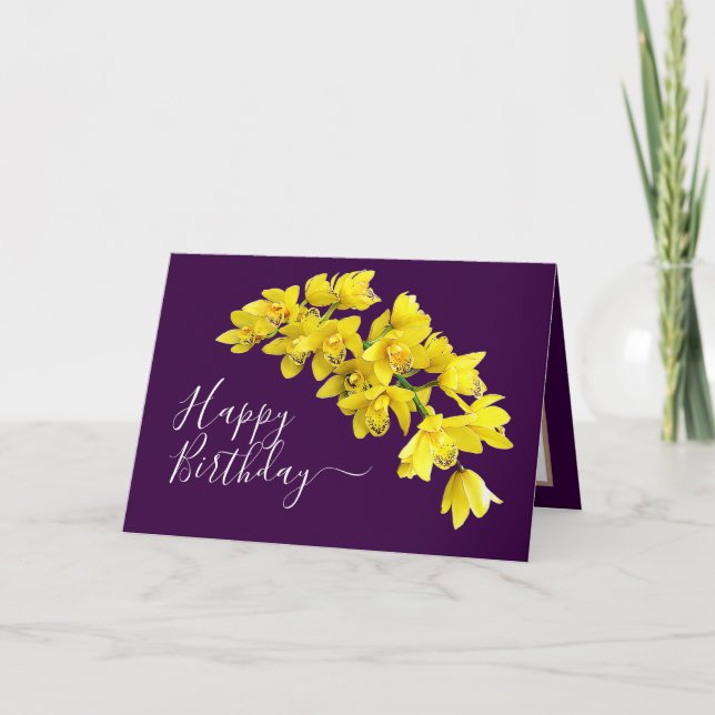 Gelbe Orchidee Blume Cluster Lila Hintergrund Karte (Vorderseite)