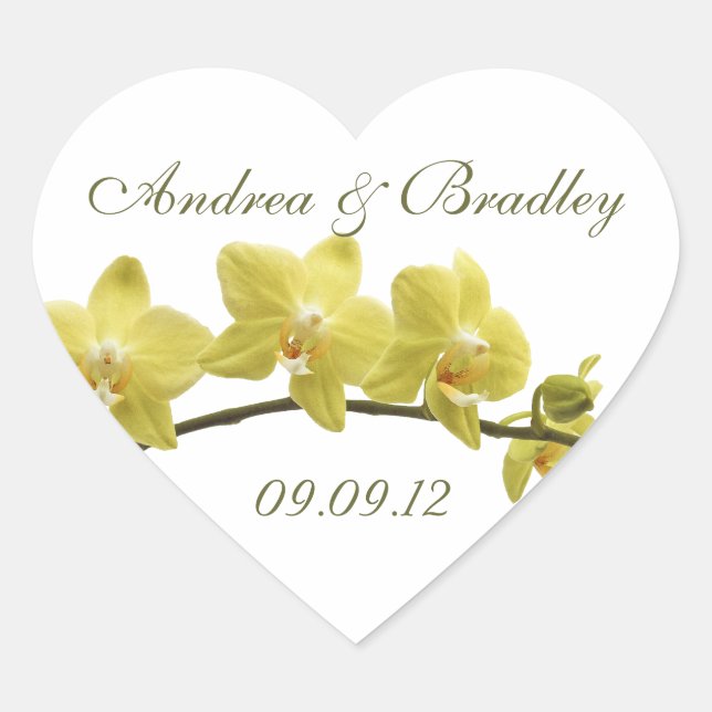 Gelbe Orchideen Hochzeitsticker für Umschlag Aufkl Herz-Aufkleber (Vorderseite)