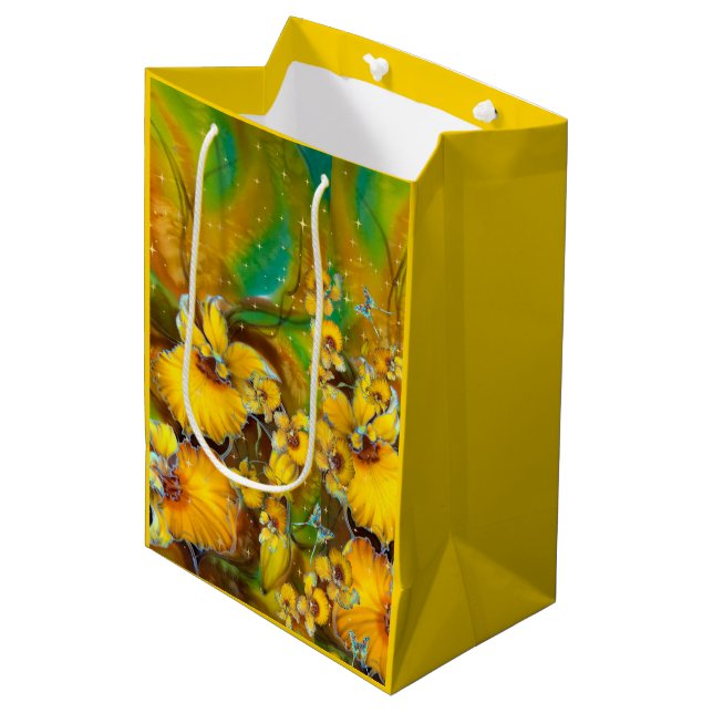 Gelbe Orchideen Magische Glitzern Stars Grün Mittlere Geschenktüte (Vorderseite Schrägansicht)