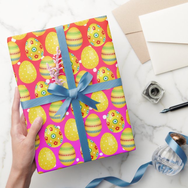 Gelbe Ostereier auf Rainbow-Polka-Dosen Geschenkpapier (Schenken)
