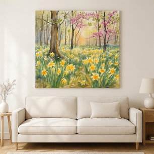 Gelbe Osterglocken im Frühlingswald Aquarell Leinwanddruck