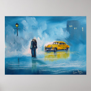Gelbe Paarmalerei des Taxis romantische Poster
