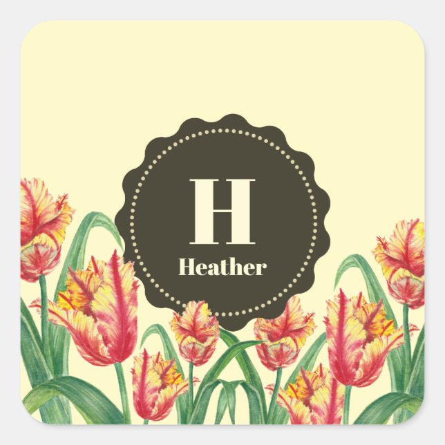 Gelbe Papageientuppe Floral Monogramm Quadratischer Aufkleber (Vorderseite)