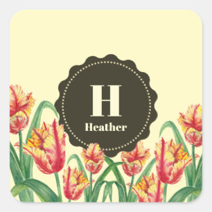 Gelbe Papageientuppe Floral Monogramm Quadratischer Aufkleber