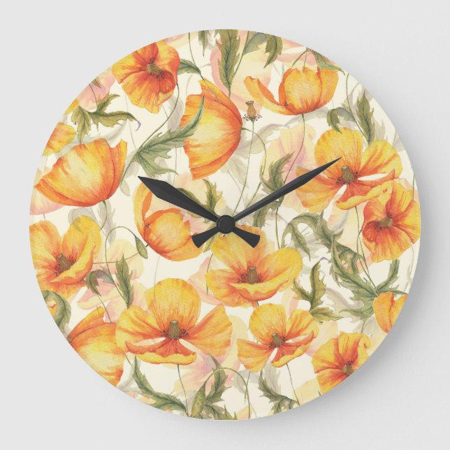 Gelbe Pappchen: von Hand gezeichnet Aquarellmuster Große Wanduhr (Vorderseite)
