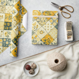 Gelbe Patchwork-Quilt-Gingham-Cottagecore-Blumen Geschenkpapier