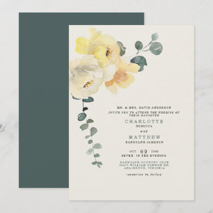 Gelbe Peonies Aquamarin & Cream Wedding Bride Elte Einladung