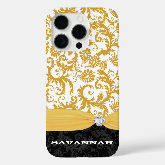 Gelbe Personalisierte Imitate Kristall Damask iPho iPhone 16 Pro Hülle (Rückseite)