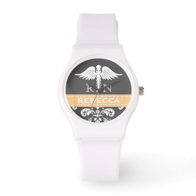 GELBE PERSONALISIERTE NURSE RN CADUCEUS CHALKBOARD ARMBANDUHR (Vorderseite)