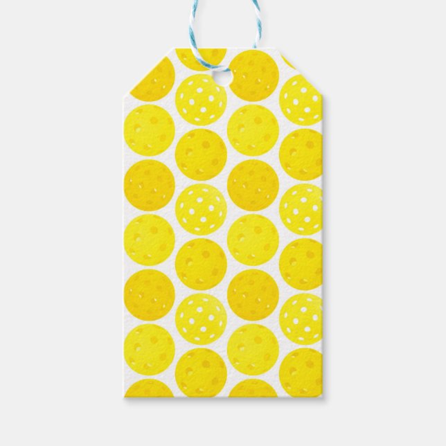 Gelbe Pickleball-Balls, mit 0-0-2, auf Weiß Geschenkanhänger (Vorderseite)