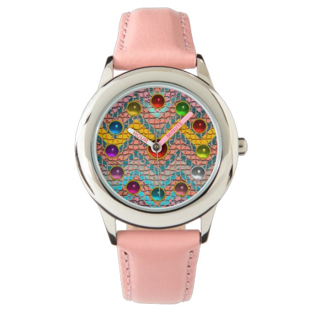 GELBE PINK AQUAMARIN BLAU CHEVRONS FARBIGE GEMSTON ARMBANDUHR (Vorderseite)