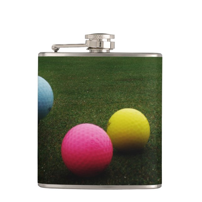 GELBE, PINK UND BLAUE Golf Balls Flachmann (Vorderseite)