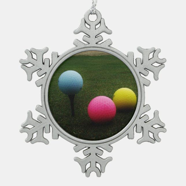 GELBE, PINK UND BLAUE Golf Balls Schneeflocken Zinn-Ornament (Vorderseite)
