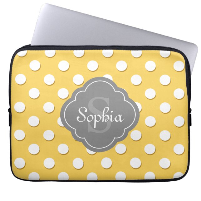 Gelbe Polka Dot Muster Grau Monogramm Laptopschutzhülle (Vorderseite)