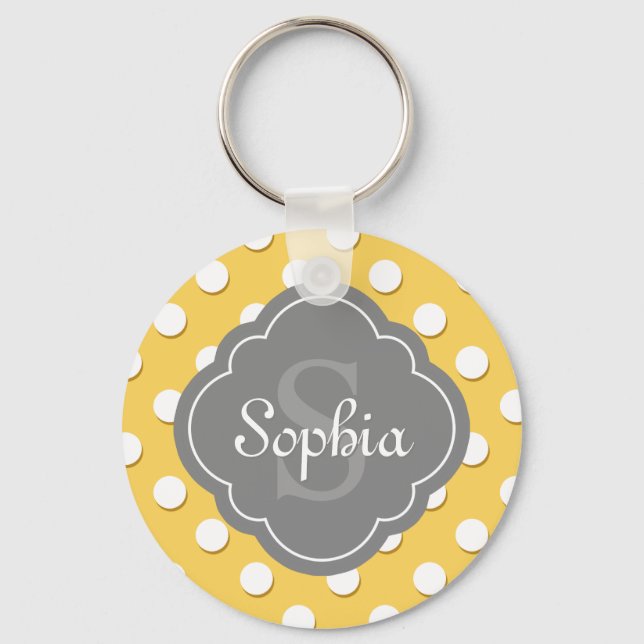 Gelbe Polka Dot Muster Grau Monogramm Schlüsselanhänger (Vorderseite)