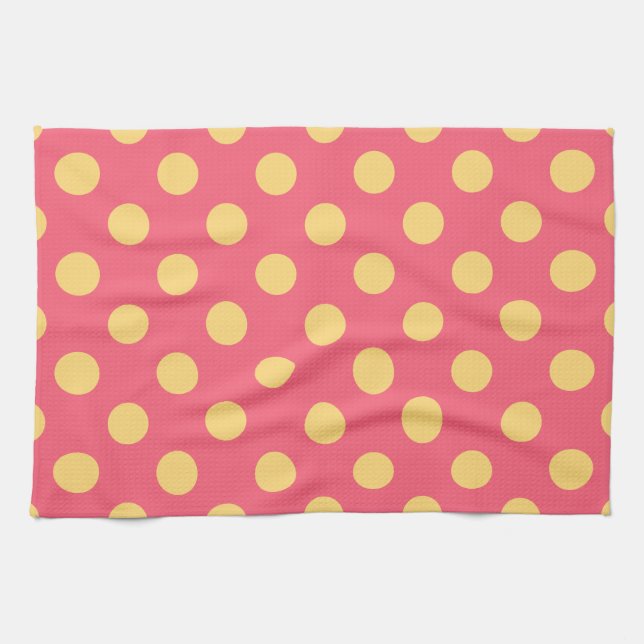 Gelbe Polka Punkte auf Korallen Küchentuch (Horizontal)