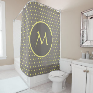 Gelbe Polka-Punkte mit Monogramm grau Duschvorhang