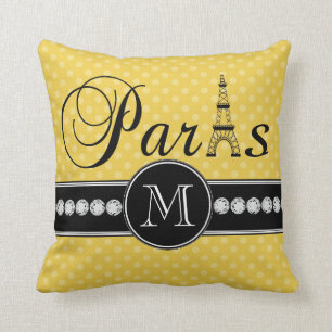 Gelbe Polka-Punkte Paris mit Monogramm Kissen