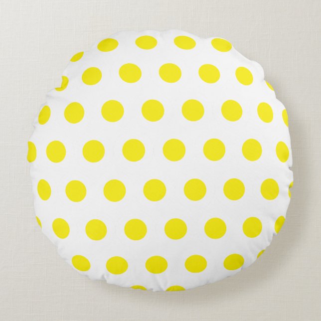 Gelbe Polka-Punktmuster auf weißem runden Kissen (Vorderseite)