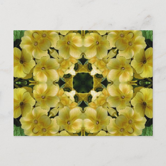 Gelbe Primel-Kaleidoskop-Kunst-Blumen-Postkarte Postkarte (Vorderseite)
