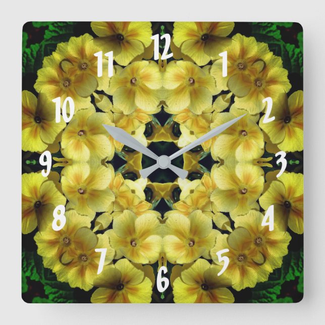 Gelbe Primrose Blume Abstrakt Art Quadratische Wanduhr (Vorderseite)