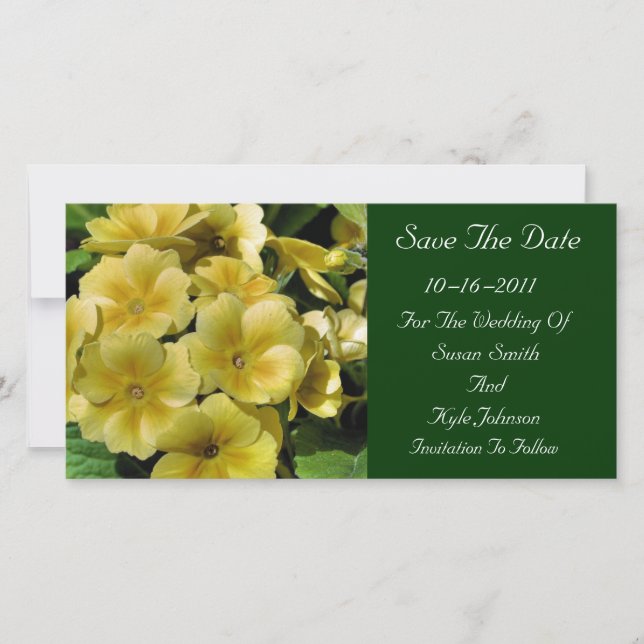 Gelbe Primrose-Blume Hochzeit rettet das Datum Save The Date (Vorderseite)