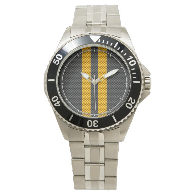 Gelbe Racing Streifen Carbon Fiber Style Armbanduhr (Vorderseite)