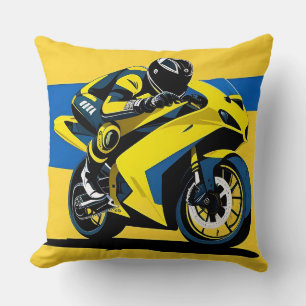 Gelbe Rennmotorrad- und Fahrerillustration Kissen