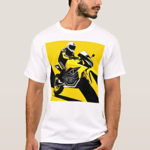 Gelbe Rennmotorrad- und Fahrerillustration T-Shirt