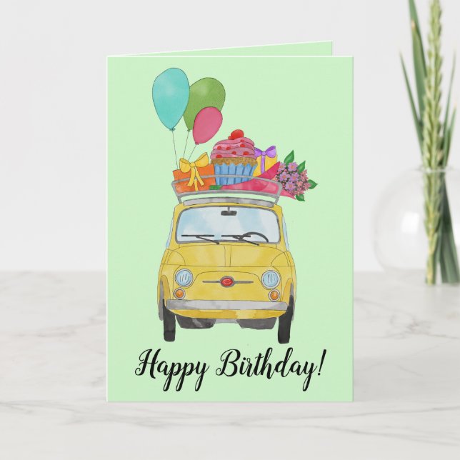 Gelbe Retro Fiat 500 Geburtstagskarte Karte (Vorderseite)