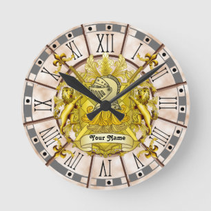 Gelbe Ritterfamilien-Wappen-Uhr Nachname Runde Wanduhr
