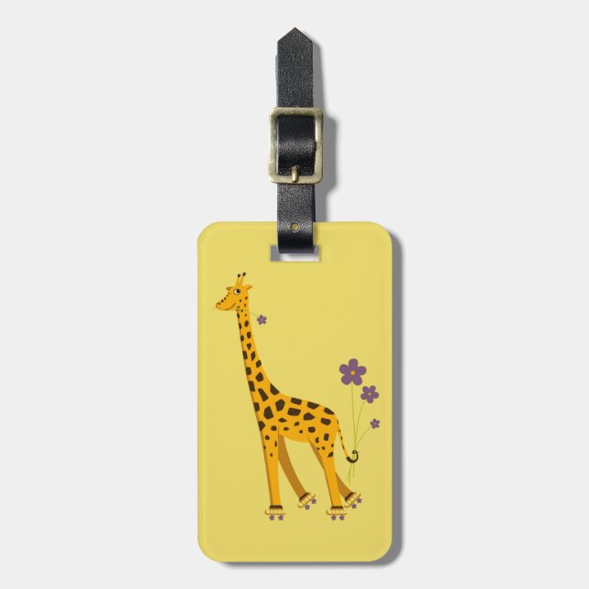 Gelbe Rollen-Skaten-Cartoon-Giraffe personalisiert Gepäckanhänger (Vorderseite vertikal)