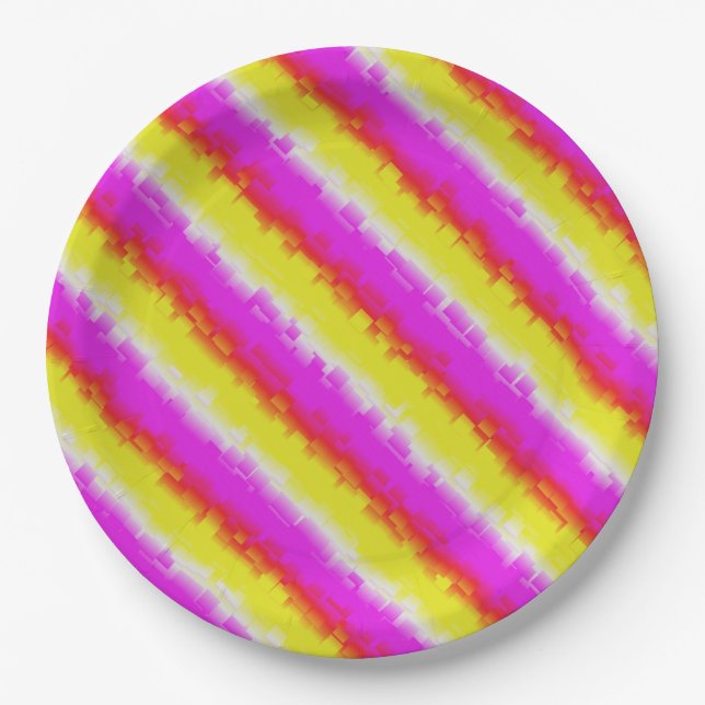 Gelbe Rosa Artdeco Regenbogen Streifen Pappteller (Vorderseite)