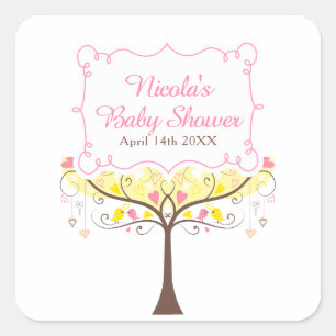 Gelbe rosa florale Vogel-Baby-Party  Quadratischer Aufkleber