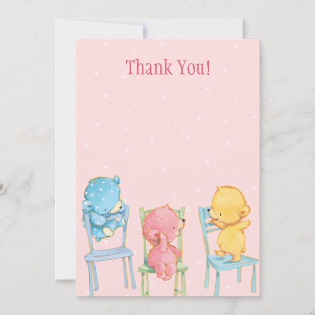 Gelbe, rosa und blaue Bären danken Ihnen Dankeskarte (Vorderseite)