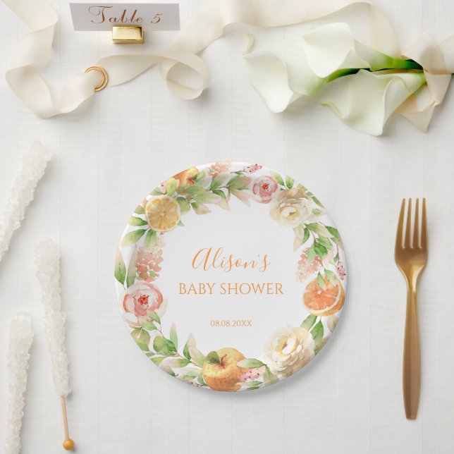 Gelbe Rose Blumengrün Girl Babydusche Pappteller (Hochzeit)