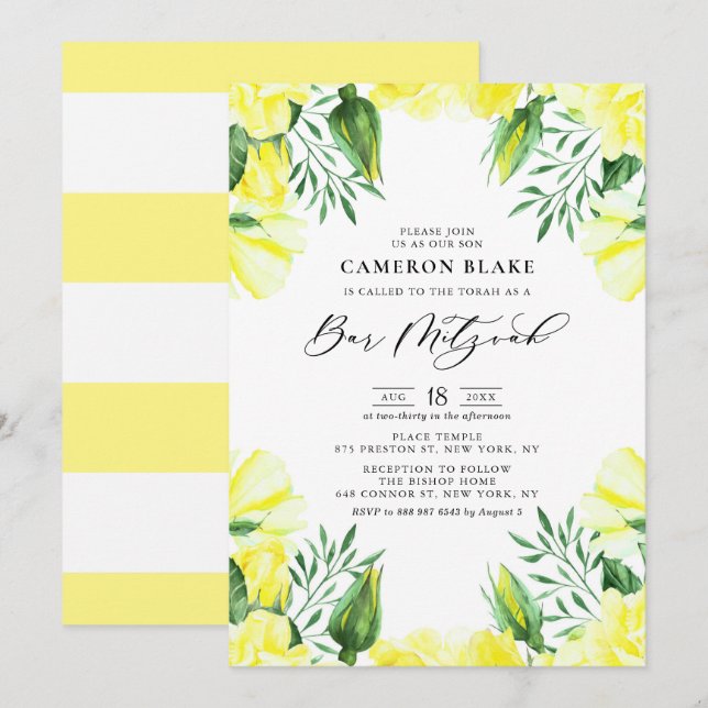 Gelbe Rose Floral Bar Mitzvah Einladung (Vorne/Hinten)