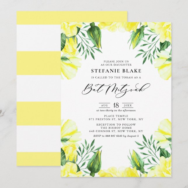 Gelbe Rose Floral Bat Mitzvah Einladung (Vorne/Hinten)