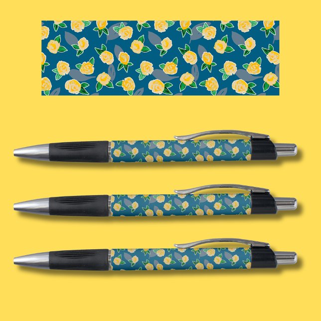 Gelbe Rose Kugelschreiber (Pretty yellow rose design on teal blue background.  Original pattern illustration shown at the top.)