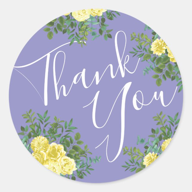Gelbe Rose & Lila Periwinkle Hochzeit Runder Aufkleber (Vorderseite)