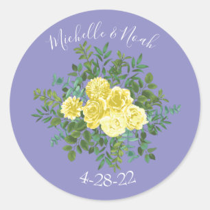 Gelbe Rose & Lila Periwinkle Hochzeit Runder Aufkleber