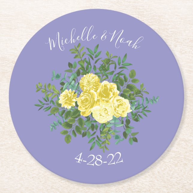 Gelbe Rose & Lila Periwinkle Hochzeit Runder Pappuntersetzer (Vorderseite)