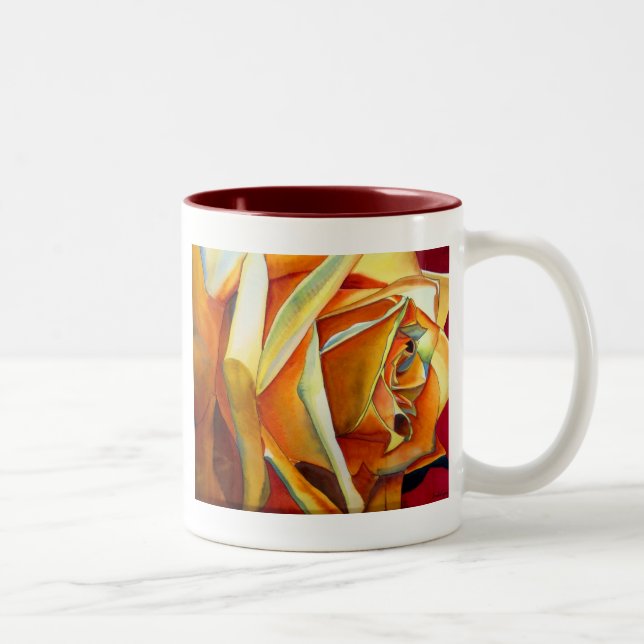 Gelbe Rose originale Aquarellkunst Blume Zweifarbige Tasse (Rechts)