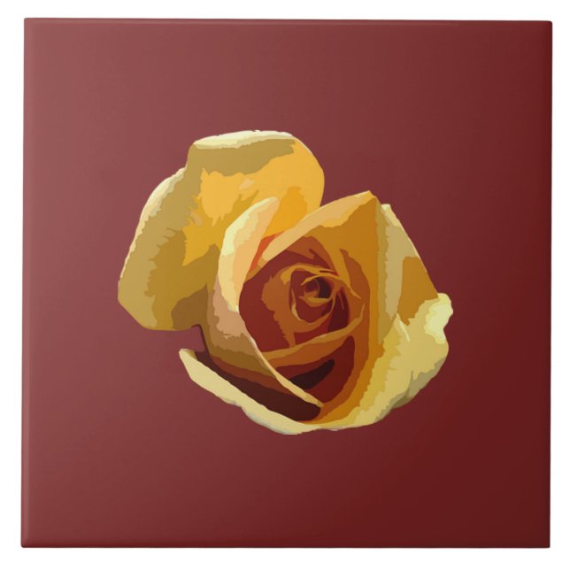 Gelbe Rose, rötlich-braune Keramik Fliese (Vorderseite)